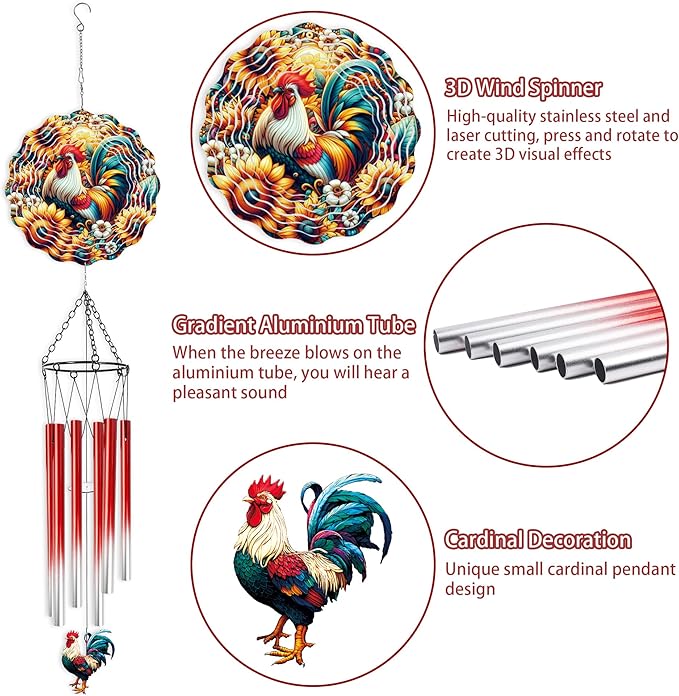 Wind Chimes with Rooster Wind Spinner, Chicken Gifts for Women Mom Friends Sisters Teacher, Metal WindChimes for Outside Home Lawn Porch Patio Garden Outdoor Decor Yard Decorations