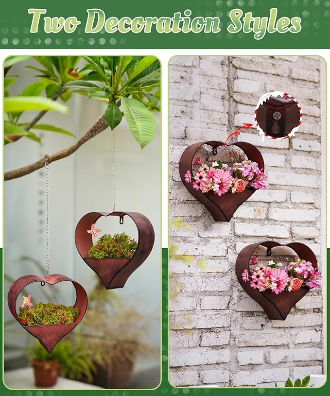 Metal Plant Hangers Indoor and Outdoor: Valentines Day Gifts for Her Wife Women Mom Garden Lovers Birthday - Heart Shape Hanging Planters for Window Wall Living Room Office Decor(2 Pack)