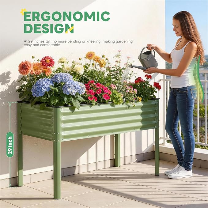 STBoo Elevated Raised Garden Bed with Legs and Wheels- 48''x24''x32'' Galvanized Metal Standing Planter Boxes Outdoor with Bottom Storage Shelf for Backyard, Patio, Balcony, Vegetables, Green