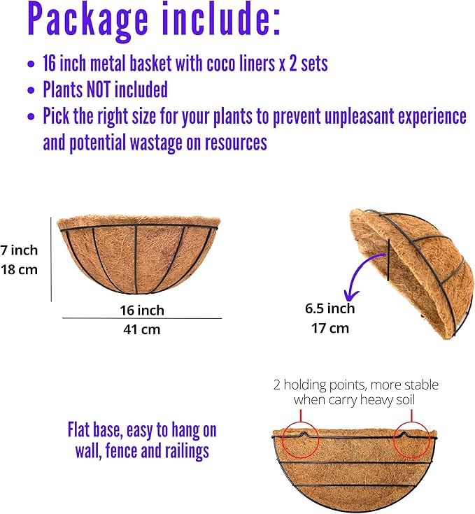 Maxona Wall Hanging Baskets,16 Inch 2 Pack Flower Planters for Outdoor Plants Wall Mounted with Coco Liner, Metal Iron Wire Holder for Window Herb Railing Fence Deck Balcony Porch Garden