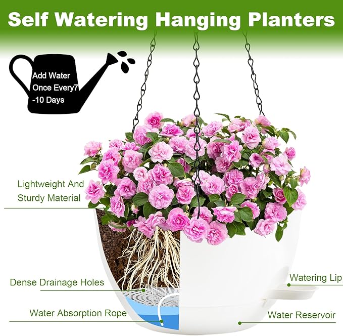 12 inch Hanging Planters for Indoor Plants, 2 Pack Self-Watering Hanging Planter Pots with Chain and Drainage Holes, Outdoor Plastic Hanging Baskets for Garden Home Decor (White, 2pcs/12inch)