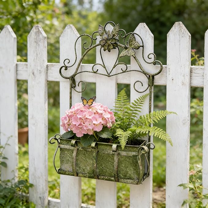 Rustic Metal Wall Planter Vintage Wall Mounted Flower Pot Farmhouse Distressed Wall Hanging Plant Basket with Floral & Butterfly Decor for Indoor Outdoor Garden Home Yard (Green#2)