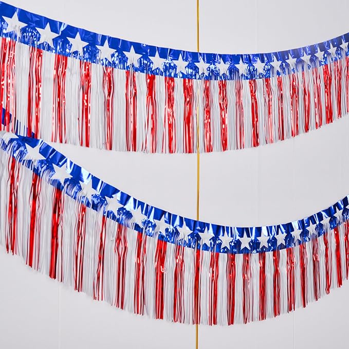 Mega-L 4th of July Decorations 4Packs 78 Feet Foil Fringe Garland Tinsel Streamers, Red White and Blue Star Metallic Hanging Backdrop Banner Table Skirts for Parade Floats Memorial Day Patriotic Party
