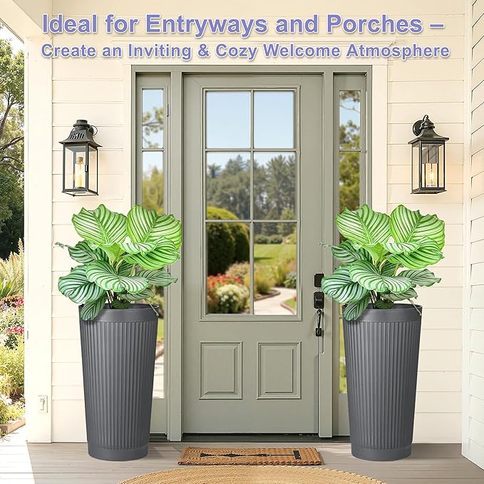 24in Tall Self-Watering Planters Set of 2 - Grey Flower Pots with Water Level Monitor, Non-Toxic Plastic Planters for Indoor Outdoor Patio, Porch, Living Room, Home Office