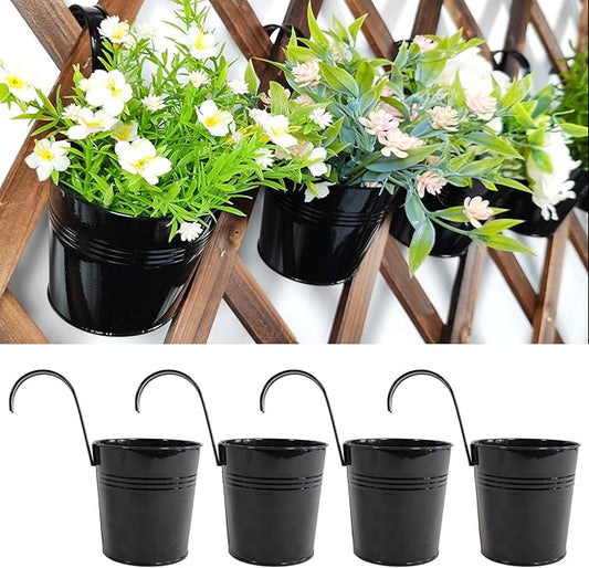 4 Pack Black Railing Planter, 6 Inch Metal Hanging Planters for Outside Balcony Rails Fence with Detachable Hooks, Flower Pots Outside for Garden Patio (Black, Pack of 4)