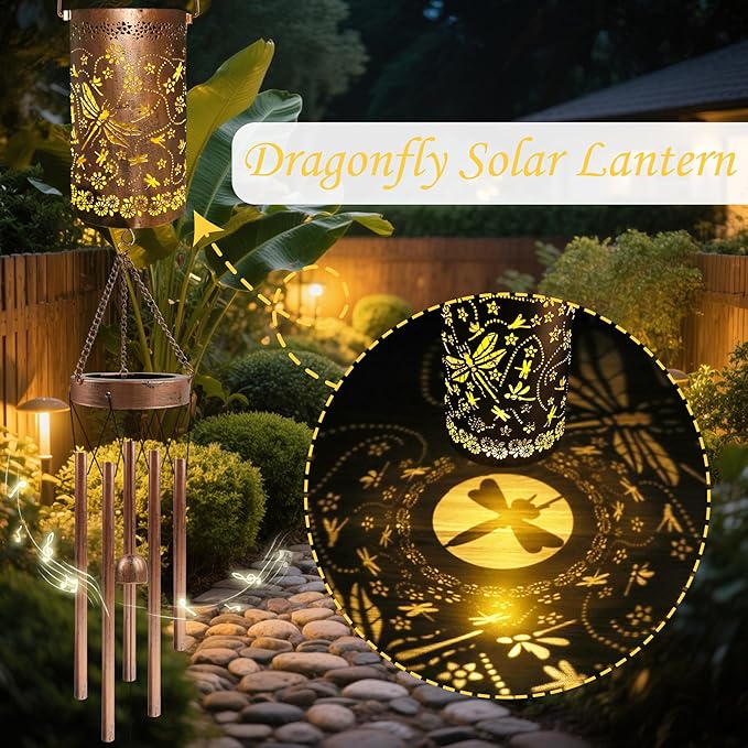 Dragonfly Solar Wind Chimes for Outside, Dragonfly Gifts Solar Lantern Wind Chimes, Garden Decorative Hanging Lights for Patio Porch Yard Lawn Decor