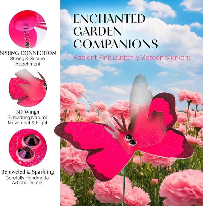 Handmade Glowing Pink Butterfly Garden Stakes - Set of 7 Premium 3D Hand-Painted Butterflies with Fluttering Spring Movement, Weatherproof Metal Rod, Outdoor Indoor Decor, Ideal Gift