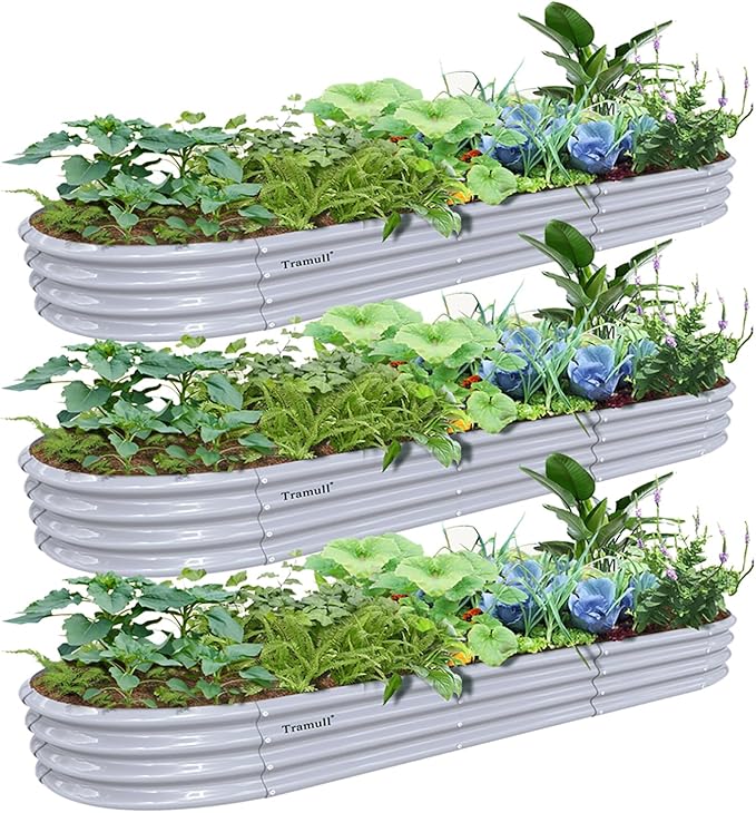 3 Pack 12x2x1FT Galvanized Raised Garden Bed Kit Oval Metal Ground Planter Box Outdoor Bottomless Planter Raised Beds for Vegetables Flowers Herbs Fruits, Gray