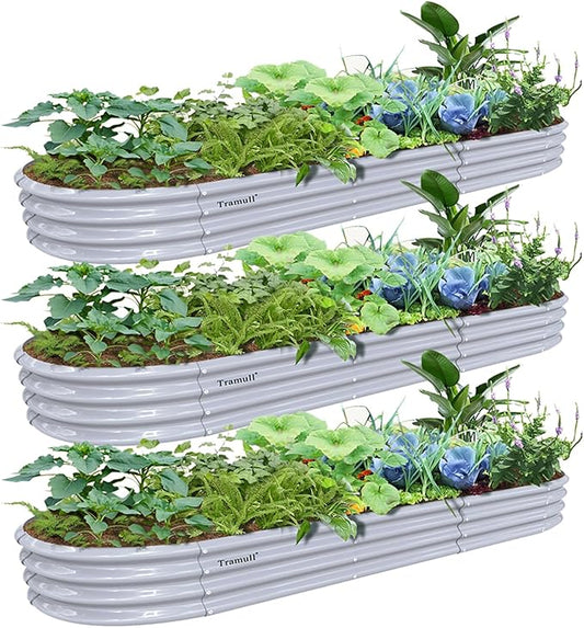 3 Pack 12x2x1FT Galvanized Raised Garden Bed Kit Oval Metal Ground Planter Box Outdoor Bottomless Planter Raised Beds for Vegetables Flowers Herbs Fruits, Gray