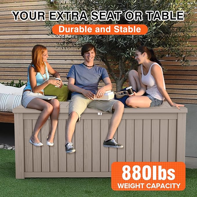 Mersco 150 Gallon Double-Wall Resin Deck Box - Lockable Waterproof Outdoor Storage Box, 1000lbs Capacity & Doubles as Seating for Patio Furniture - Garden Tools, Pool Accessories (Grey)