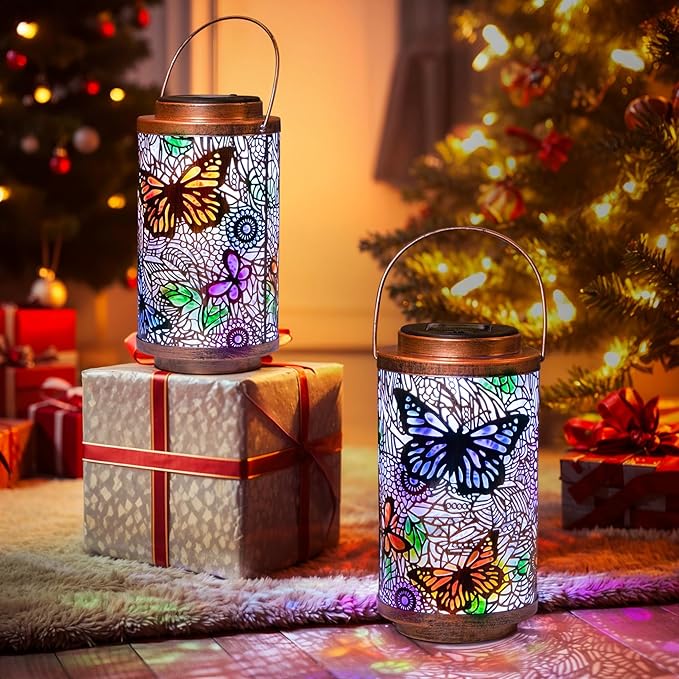 2Pack Solar Outdoor Lanterns Waterproof Butterfly Colorful Garden Gifts for Women, Multicolor Solar Outside Lights Lantern for Yard, Backyard, Porch, Mothers Day Gifts for Mom Grandma Wife