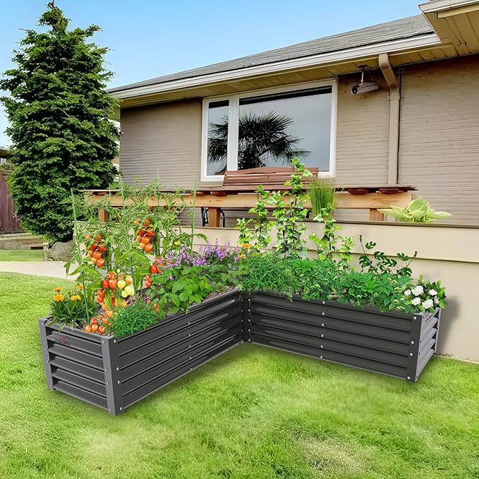 A ANLEOLIFE L-Shaped Galvanized Raised Garden Beds Outdoor,74x74x18in Large Metal Planter Box for Planting Vegetables Flowers Herb, Anti-Rust & Easy-Setup, Quartz Grey