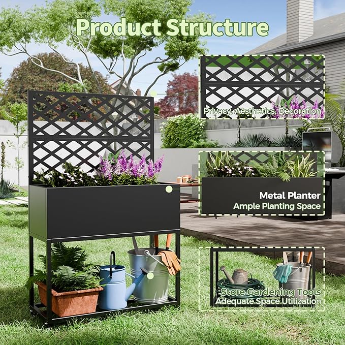 Metal Planter Box with Trellis,55" H x35 W Raised Garden Beds with Privacy Screen for Climbing Plants Flower, Elevated Standing Planter Garden Bed with Drainage Holes for Outdoor Patio,Black