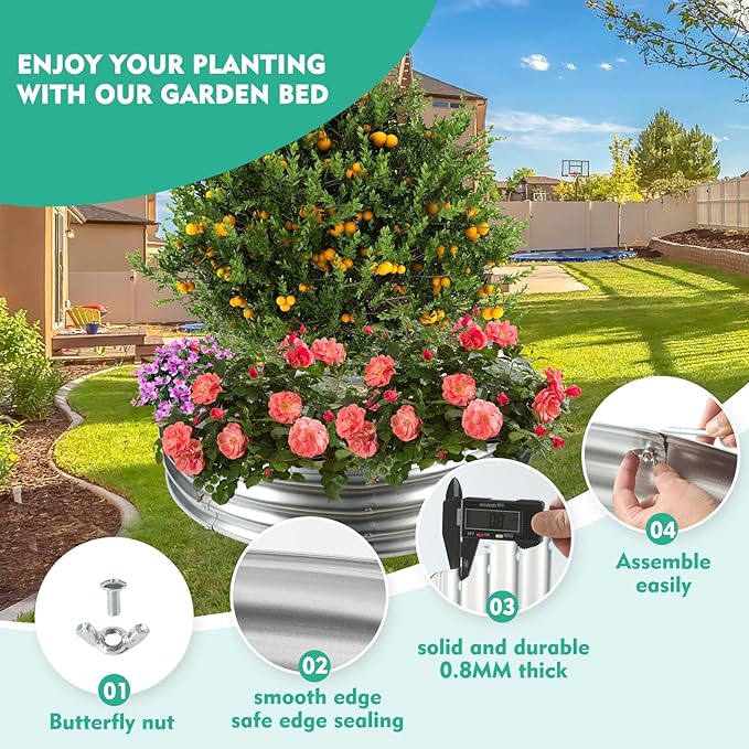 2.7FT Diameter Galvanized Garden Raised Bed/Plant Box/Fire Pit Ring-0.8mm Thick,12 Inch Tall,Crimped Edge and Corner,No Sharpe,Perfect for Plantings (Silver, 32 Dia X 11.5 inches)