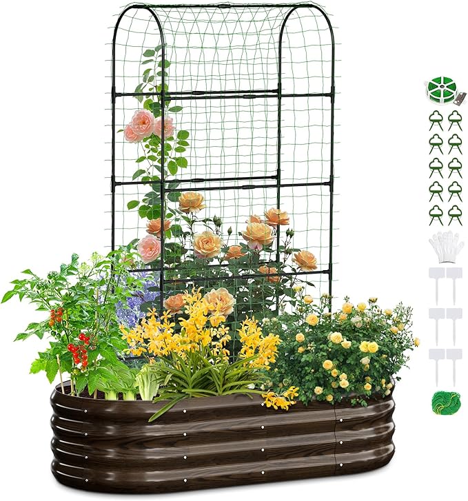 SUNYRISY 2Pack Galvanized Raised Garden Bed with 71in Arch Trellis for Climbing Plants, Outdoor Planter Box with Climbing Net for Gardening Flowers Vegetables Fruits Herbs, Wood Grain