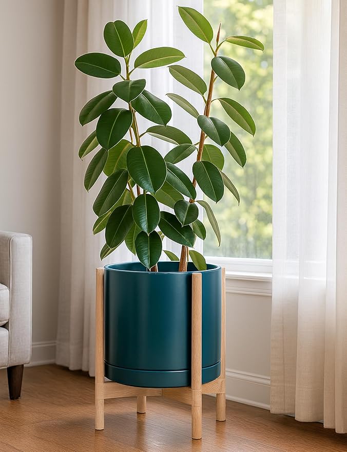 D'vine Dev Ceramic Planter with Natural Stand - 14 Inch Modern Round Flower Pot with Wood Planter Holder, Teal, 55-B-R-4