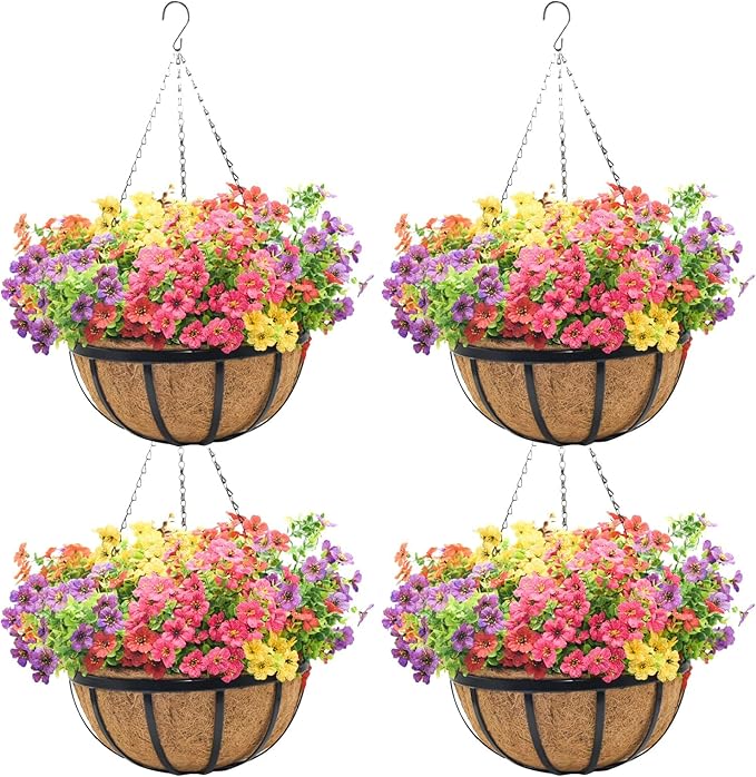 14 Inch Black Flat Iron Metal Hanging Planter Basket with Coco Coir Liner(4 Pack) Hanging Planters for Outdoor Plants Hanging Baskets for Plants Flower Pots for Deck Patio Porch Garden Balcony