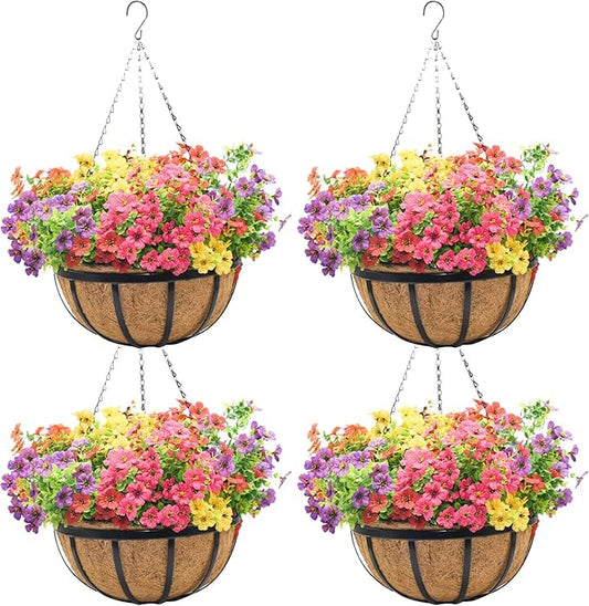 14 Inch Black Flat Iron Metal Hanging Planter Basket with Coco Coir Liner(4 Pack) Hanging Planters for Outdoor Plants Hanging Baskets for Plants Flower Pots for Deck Patio Porch Garden Balcony
