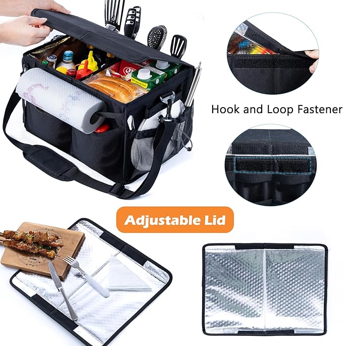 FRECOLSH Large Grill Caddy with Lid – BBQ Organizer for Camping, Tailgating, RV, Boating – Grilling Gifts for Men – Collapsible Griddle Tote Bag with Shoulder Strap – Outdoor Essentials