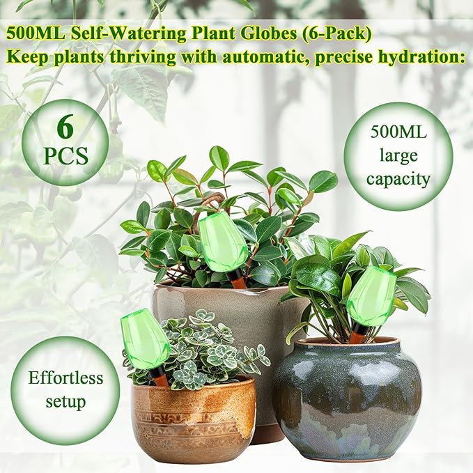 6Pcs 16.9 oz Large Plant Self Watering Globes Top Fill Plastic Water Bulbs Slow Release Terracotta Self Watering Planter Insert Watering Devices System Water Spikes Stakes for Indoor Outdoor Plant