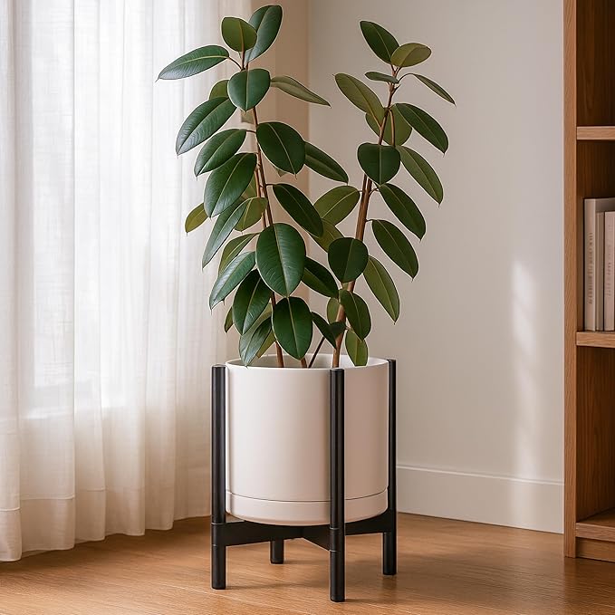 D'vine Dev Ceramic Planter with Ebony Stand - 14 Inch Modern Round Flower Pot with Wood Planter Holder, Oatmeal, 55-B-S-8