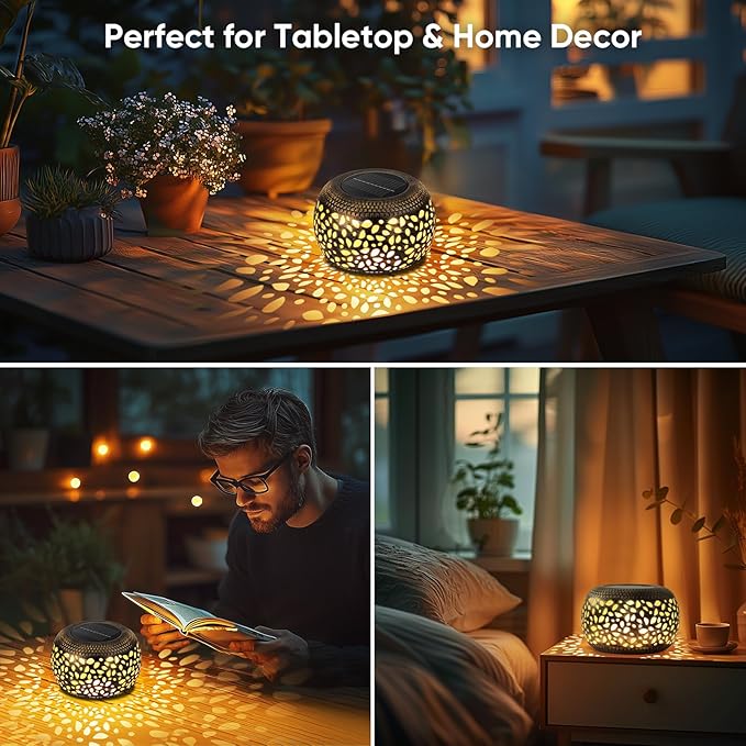 Solar Lanterns Waterproof Outdoor Decor: 2 Pack Hollow Out Retro Metal Solar Lights, Unique Gardening Gifts for Women Mom, Outside Garden Yard Porch Lawn Indoor Tabletop Decorations, 2 Lighting Colors
