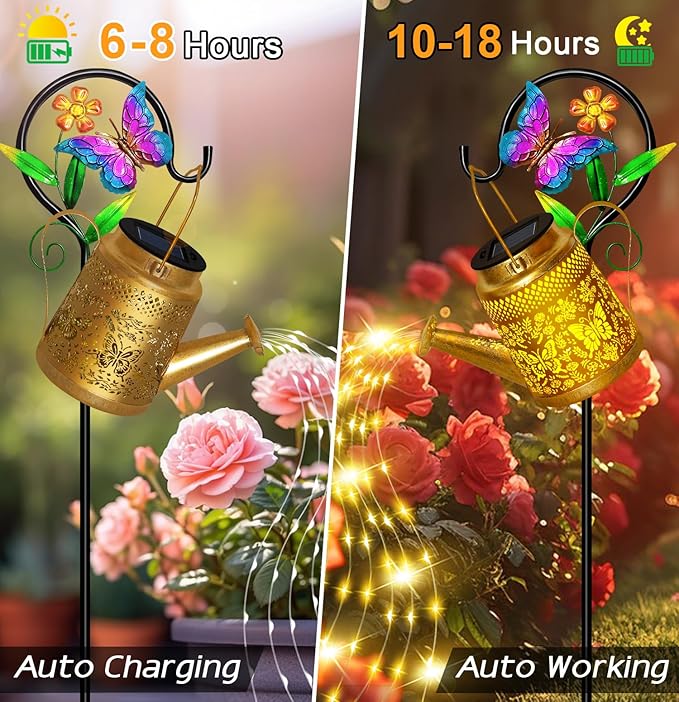 Christmas Gifts Solar Watering Can Lights Outdoor Garden Decor, Large Butterfly Hanging Lantern with Shepherd Hook, Waterproof Garden Lights for Outdoor Landscape Pathway Yard, Gift for Mom Grandma