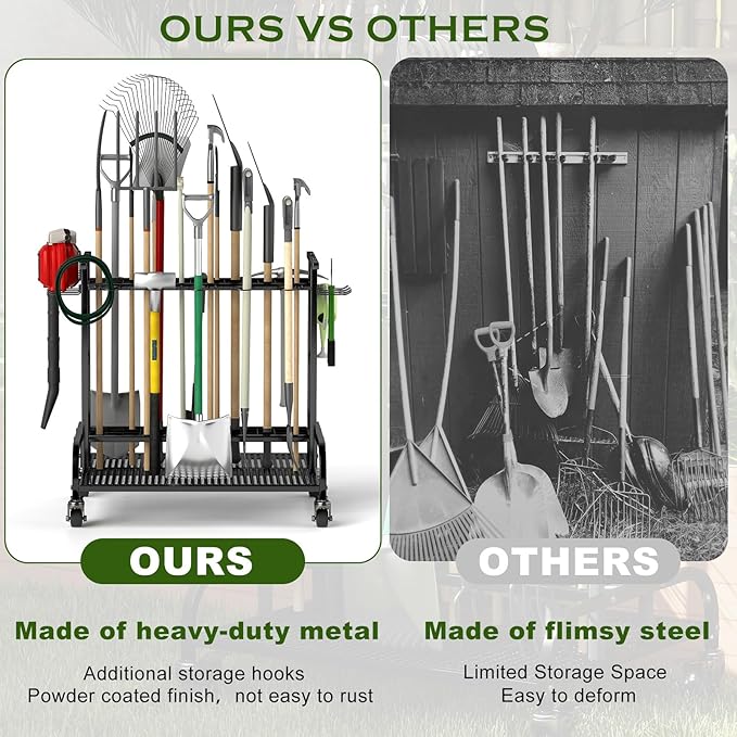 YAGEANNL Garden Tool Organizer with Wheels, Large Capacity Garage Tool Rack with Hooks, for Broom, Shovel, Long Handled Tools, Metal Yard Tool Organizer for Garage, Shed, Outdoor
