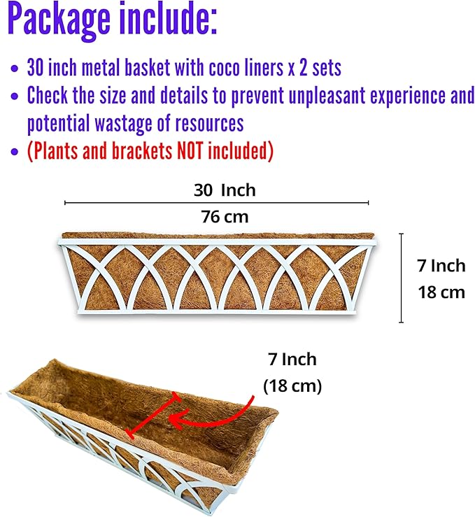 LaLaGreen Wall Planter (30 Inch, 2 Pack)White Metal Rectangular Hanging Flower Box Window Boxes Planters with Coco Liner, Flower Basket Plant Holder Deck Rail Railing Patio Horse Trough Balcony Fence