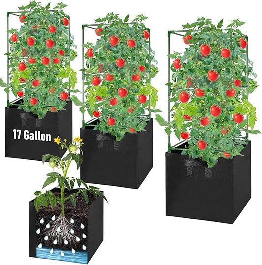 2 Pack Tomato Cages with 17 Gallon Grow Bags, 47” Heavy Duty Square Tomato Plant Stakes Support Cages Trellis for Garden Climbing Vegetables Flowers Fruits (47IN Tall, Extra-Bold)