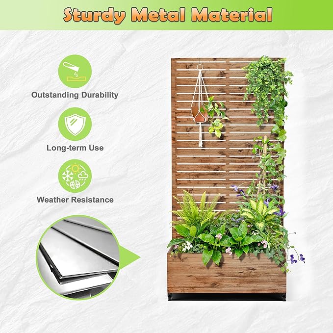 Metal Raised Garden Bed with Trellis, 2-in-1 Planter Box & Privacy Screen for Climbing Plants, Outdoor Standing Flower Bed with Drainage Holes, 35.4" L x 15.7" W x 70.1" H, Natural Wood Grain