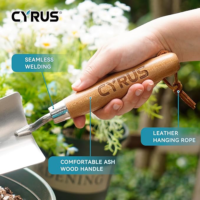 CYRUS Garden Shovel 12.6”Stainless Steel,Small Shovels for Gardening with Ash Wood Handle,Hand Shovel Garden Spade Potting Soil Scoop for Planting,Transplanting