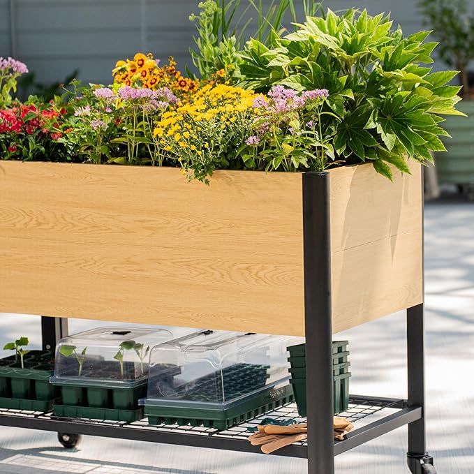 Rolling Elevated Garden Bed, 2' x 6' Metal Woodgrain Elevated Outdoor Planters Boxes with Legs & Storage Rack for Patio, 1400 lbs Weight Capacity, Raised Beds for Gardening Herb Flowers Vegetables
