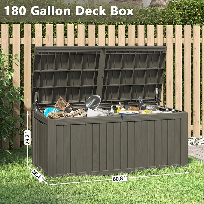 NBYSGO Outdoor Storage Box, Resin Deck Boxes Indoor and outdoor, Waterproof Storage Box Lockable Lid (Grey, 180 Gallon)