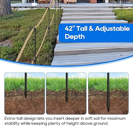 6 Packs 42" Tall Metal Rope Stakes with Pointed Ends Black Powder-Coated Garden Border Poles for Rope ≤3.5" Fencing Around Flower BedsTrees Paths Walkways