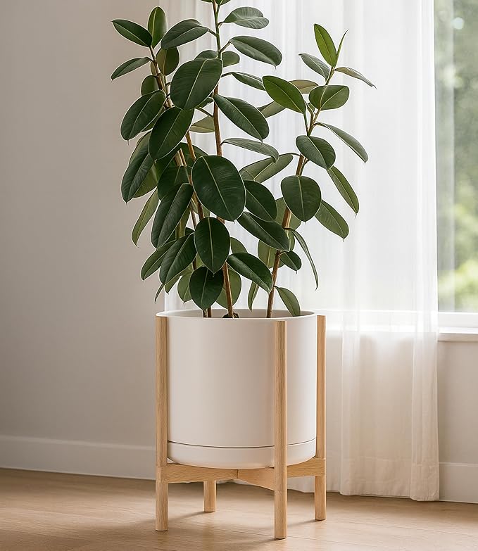 D'vine Dev Ceramic Planter with Natural Stand - 14 Inch Modern Round Flower Pot with Wood Planter Holder, Oatmeal, 55-B-R-8