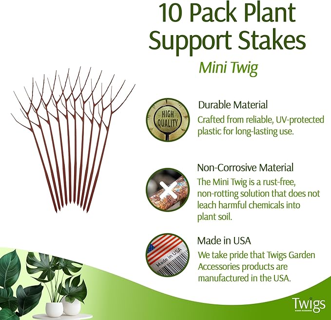 Twigs GA - Mini Twigs Plant Support Stakes for Small Plants, Indoor & Outdoor Use, Gardening Supplies, Garden Accessories, Trellis & Ring Alternative, Made in USA - Begonia (Red), 10 Pack, 12" L