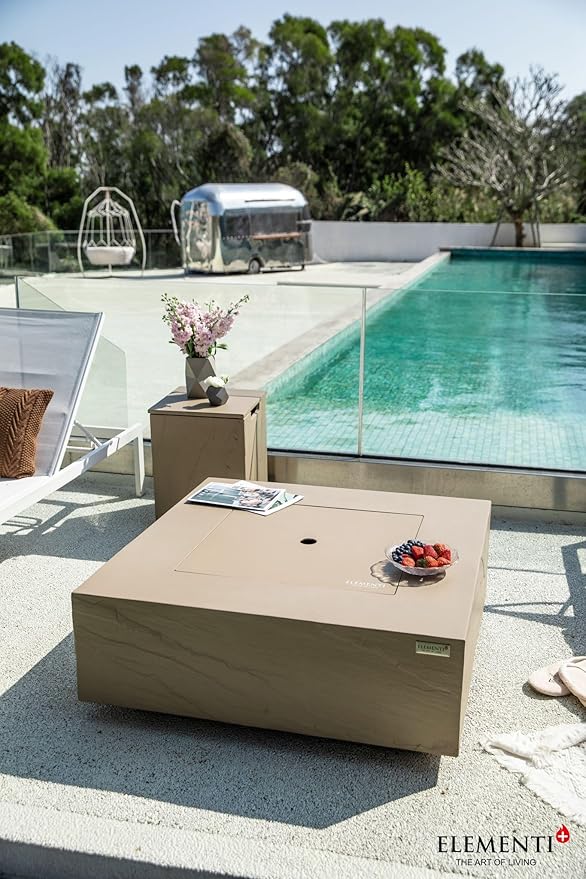 Elementi+ | Uluru Gas Fire Pit Cast Concrete 40" Square Fire Table, Outdoor Fire Pit Electronic Ignition | Canvas Cover, Fire Glass and Burner Lid Included | Sunlight Yellow | Propane Gas