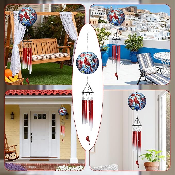 Cardinal Wind Chimes with Wind Spinner Gifts for Women, Cardinal Hanging Wind Spinners Outdoor Gifts for Mom Grandma, Windchimes Outdoor Xmas Decor for Yard Garden Christmas