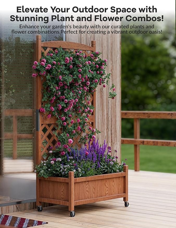 29.5"x26"x61.5" Large Wooden Raised Garden Bed with Trellis & Adjustable Wheels - Planter Box with Drainage Holes for Herbs, Flowers - Portable Indoor/Outdoor Use, 1 PC