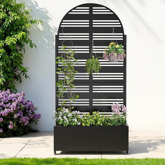 Metal Planter with Trellis& Wheels 72" x 35"x 15.7" Raised Garden Bed with Trellis,Privacy Planters for Patio,Garden Bed for Climbing Plants,Suitable for Climbing Plants and Vegetables,Black