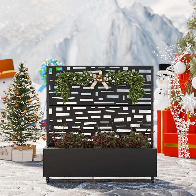 Casaphoria Metal Raised Garden Bed with Trellis and Wheels, 47"x47"x16" Planter Box for Climbing Plants, Vegetables & Vines, Features Drainage Holes and Privacy Screen (Black-Gerald)