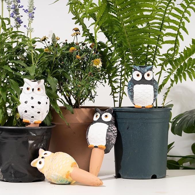FirstGift 4 Pack Plant Self-Watering Stakes Terracotta Automatic Plant Waterer Devices Watering Globes Self-Watering Clay Planters Devices Perfect for Vacation Garden Plant Care (Small Owl)