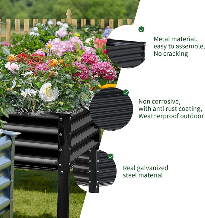 Land Guard Galvanized Raised Garden Bed with Legs, 96×24×32in Raised Garden Beds Outdoor with Drainage Holes, Planter Boxes Outdoor for Backyard, Patio, Balcony, 1200lb Capacity, Gray