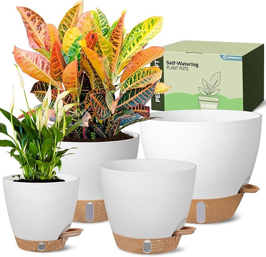 Self-Watering Pots for Indoor Plants 4 Pack, 6/8/10/12 Inch Outdoor Planters with Water Level Indicator&Deep Reservoir, Decorative Flower Pots for Indoor Plants,Home Decor (White, 12+10+8+6 inch)