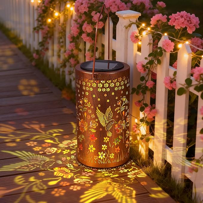 Sunflower Solar Lanterns Outdoor Waterproof, Metal Lantern Garden Lights with Color Projection, Garden Decor Gifts for Mom Women Mother Grandma, Hanging Solar Lights for Yard Porch Patio (Hummingbird)