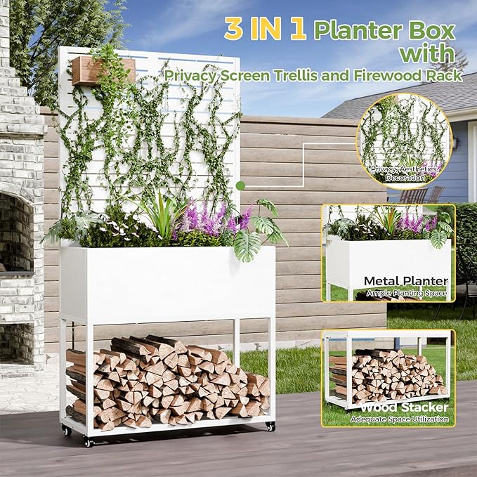 Metal Planter Box with Trellis, 3 in 1 Raised Garden Bed with Trelli & Firewood Rack, Privacy Planter Screen for Climbing Plants, Vine, Outdoor Garden Standing Beds with Drainage Holes, Wheels,White