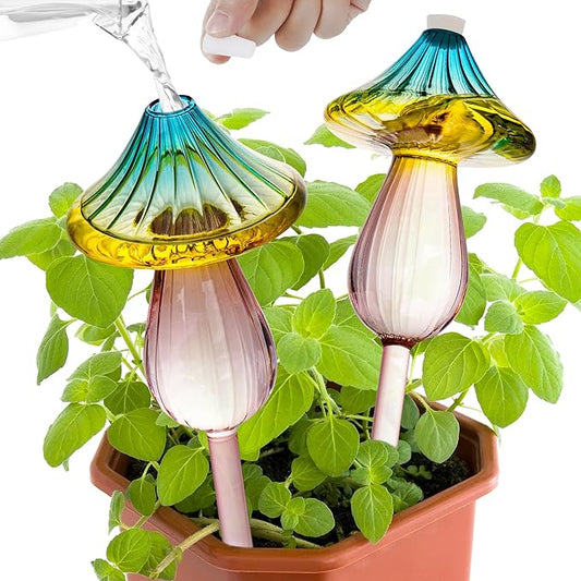 Plant Watering Globes, Rainbow Gradient Color Mushroom Plant Watering Devices, Self Watering Globes,Self Watering Planter Insert - Watering Bulbs for Indoor Plants for Travel Vacation (2 PCS)