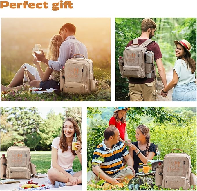 24L Insulated Picnic Basket Leak Proof Picnic Backpack for 2, Light Brown Camping Gifts, Cool Bridal Shower Gifts for Bride & Groom, Mr & Mrs, Anniversary Engagement Wedding for Newly Engaged Couples