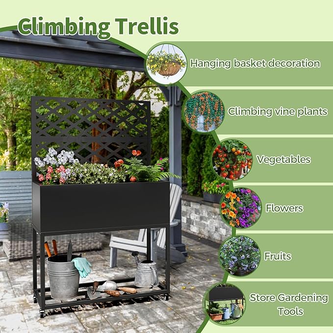 Metal Planter Box with Trellis,55" H x35 W Raised Garden Beds with Privacy Screen for Climbing Plants Flower, Elevated Standing Planter Garden Bed with Drainage Holes for Outdoor Patio,Black